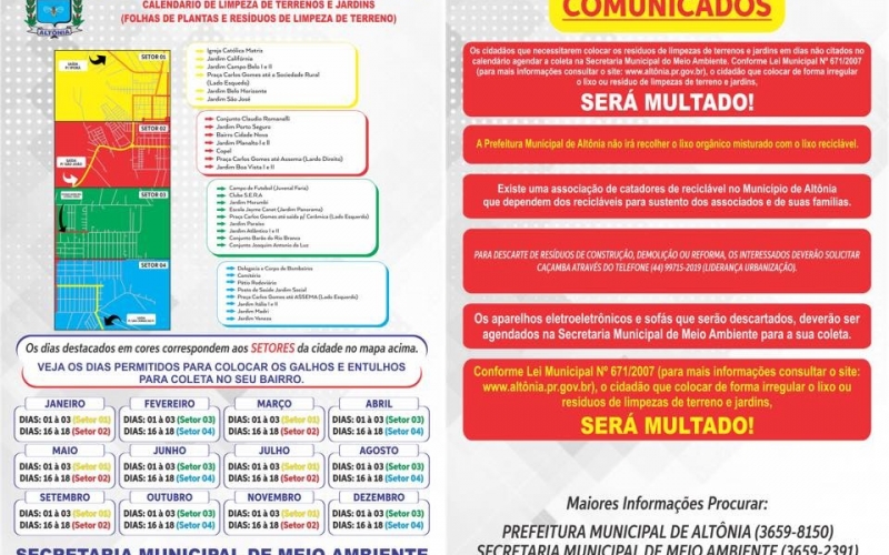 NOVO CALENDÁRIO PARA COLETA DE GALHOS E ENTULHOS ABRANGE TODA CIDADE