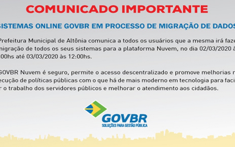 Sistemas Online GOVBR em Processo de Migração de Dados - Nuvem